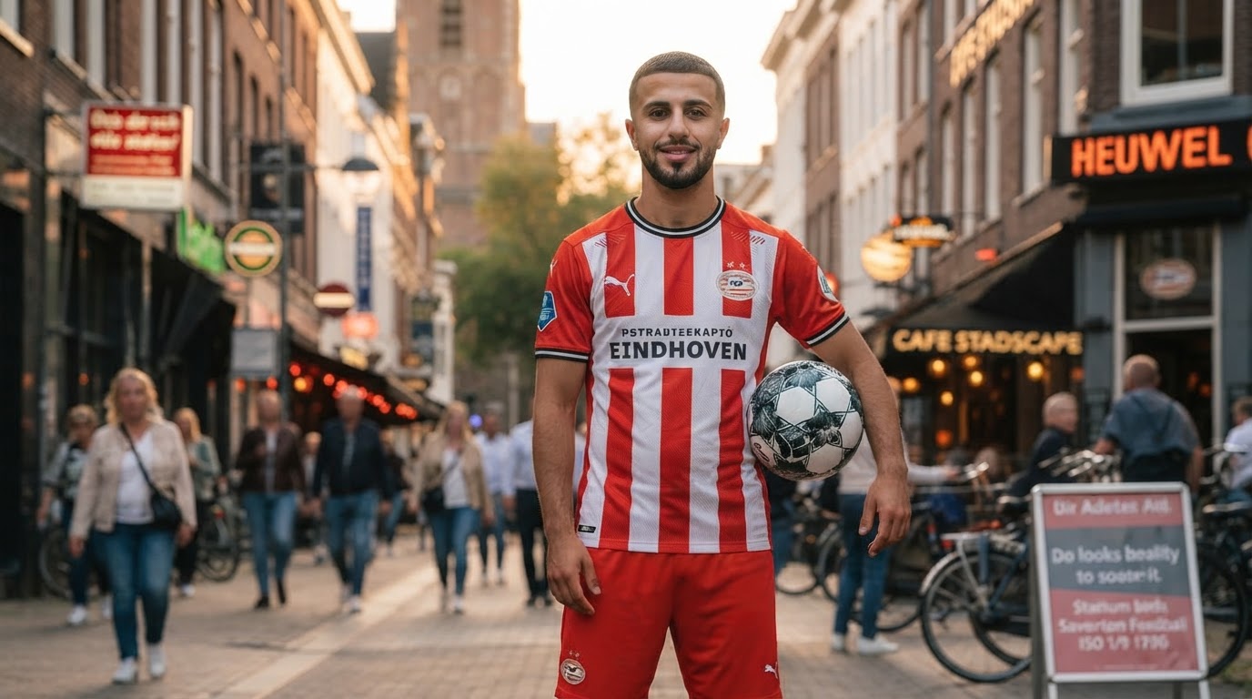 Samir in een PSV-shirt met een voetbal in het centrum van Eindhoven